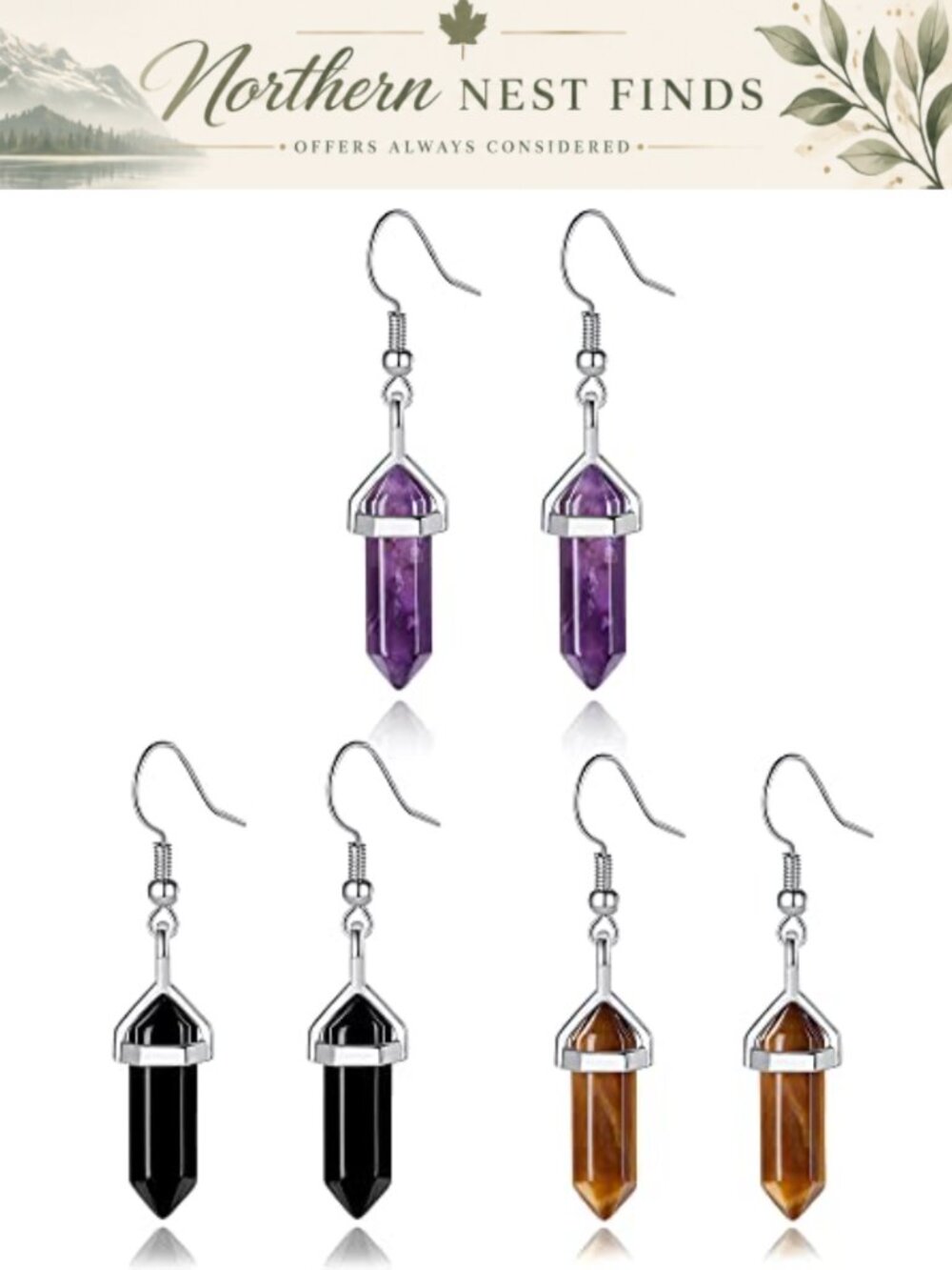 Hexagonal Healing Crystal Earrings Natural Amethyst Tiger Eye Obsidian Gemstone